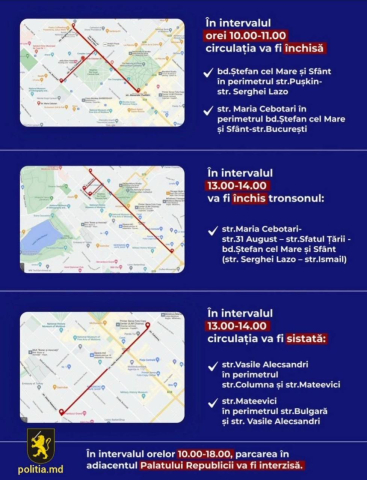 Sâmbătă, 16 Septembrie 2023, va fi sistată temporar circulația rutieră pe unele străzi din centrul capitalei