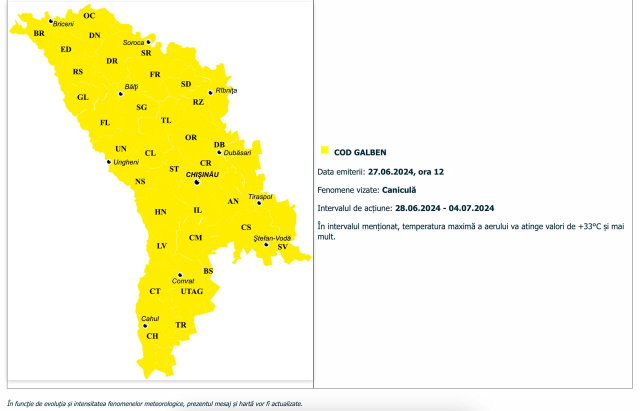 Cod Galben de caniculă, anunțat de meteorologi pentru perioada: 28 iunie – 4 iulie 2024 