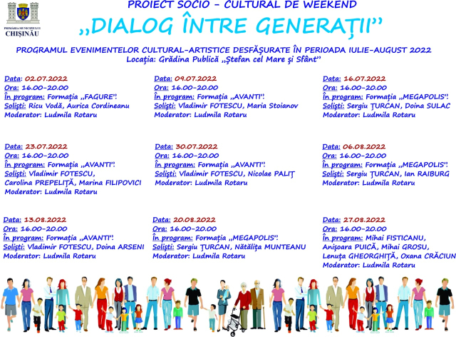 Formațiile „Megapolis” și „Avanti” vor încânta publicul în acest weekend cu spectacole în aer liber, în cadrul Proiectului socio-cultural „Dialog între generații”