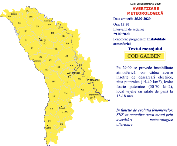 Atenționare de schimbare bruscă a vremii pentru zilele de 29-30 septembrie