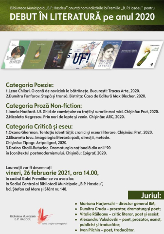 Premiile „B. P. Hasdeu” pentru debut în literatură, pentru anul 2020