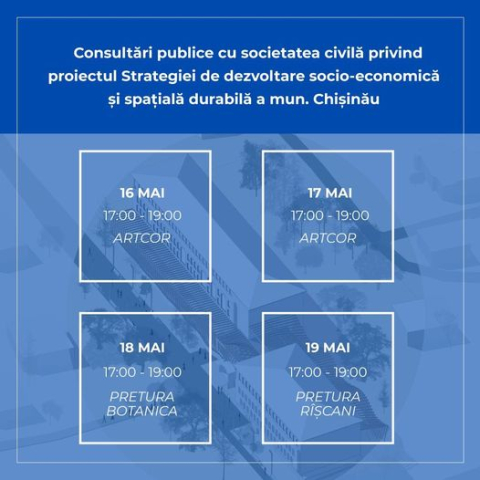 Consultări publice cu societatea civilă pe marginea documentului Strategiei de dezvoltare socio-economică și spațială durabilă a municipiului Chișinău 