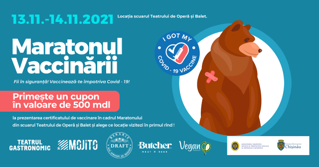 Maraton de vaccinare antiCOVID-19 în scuarul Teatrului Național de Operă și Balet „Maria Bieșu", sâmbătă - duminică, 13-14 noiembrie